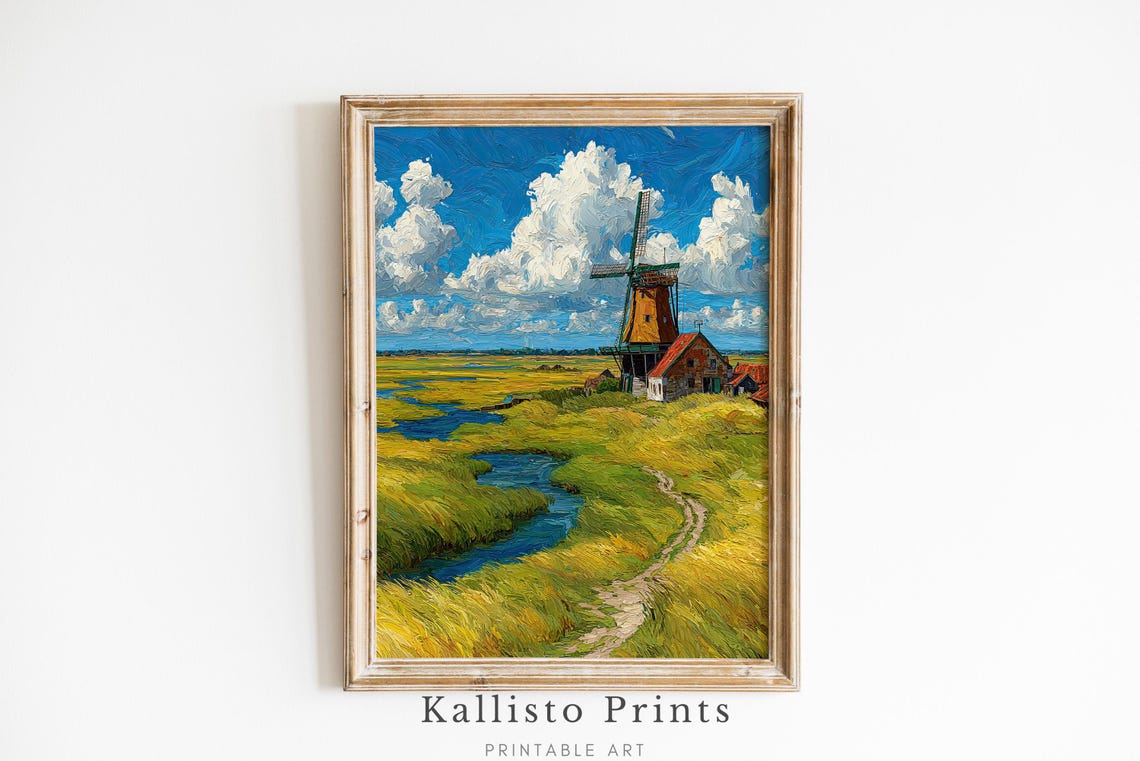 Dutch Windmill Painterly Countryside Marsh Landscape Impasto Poster