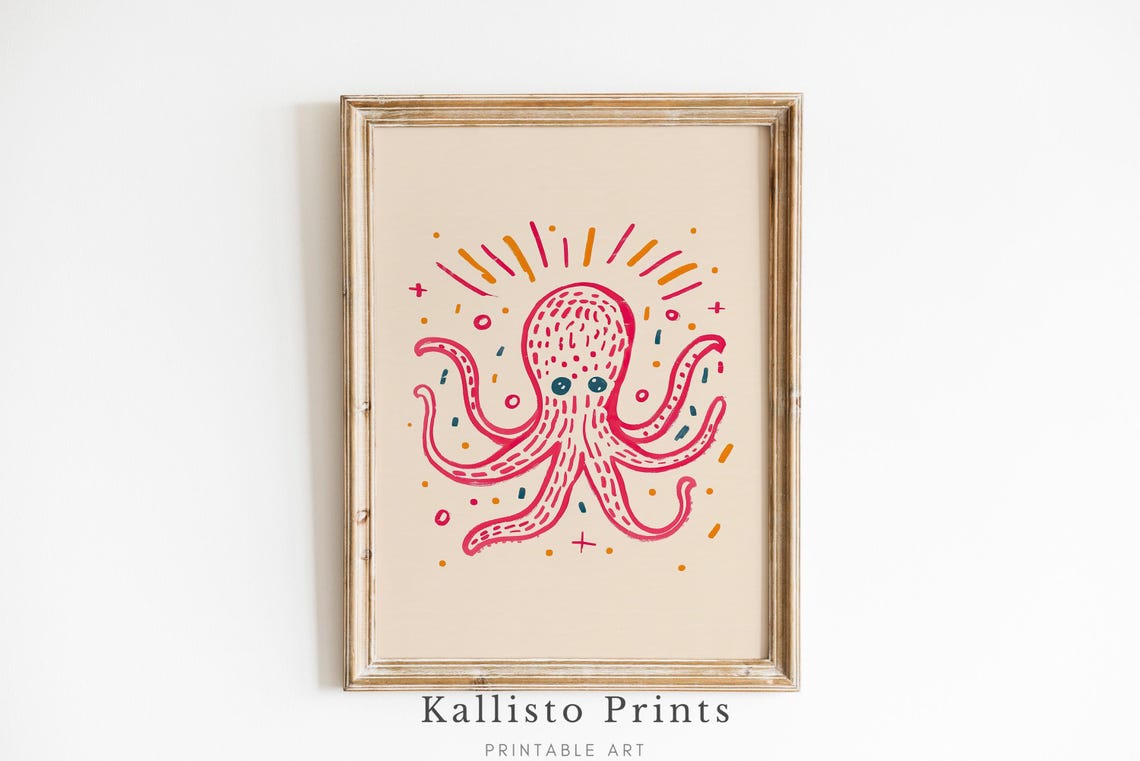 Pink Octopus Doodle Sunshine Rays Playful Kids Ocean Wall Art