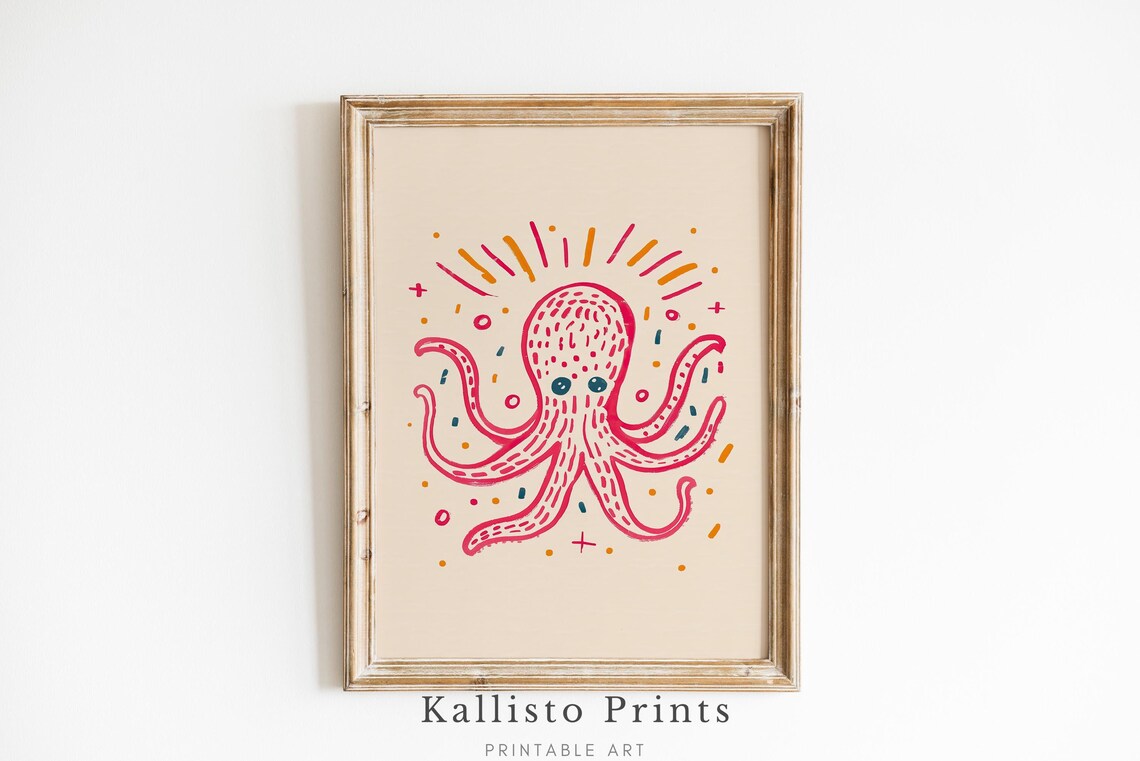 Playful Octopus Art Vibrant Nautical Whimsical Ocean Wall For Kids Or Coastal Decor563