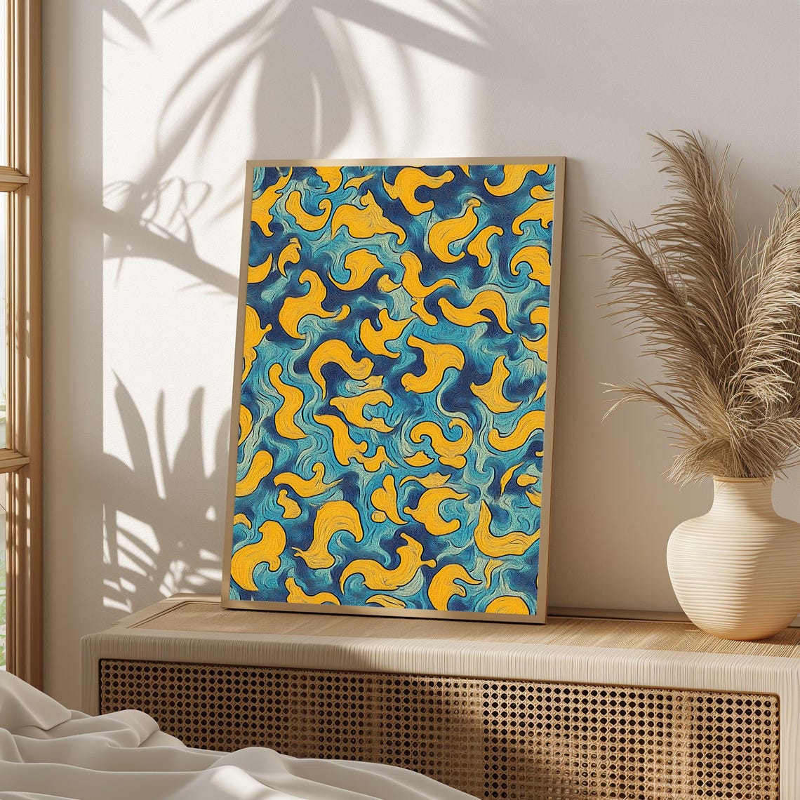 Blue Gold Abstract Swirl Pattern Bold Modern Decor Art Poster