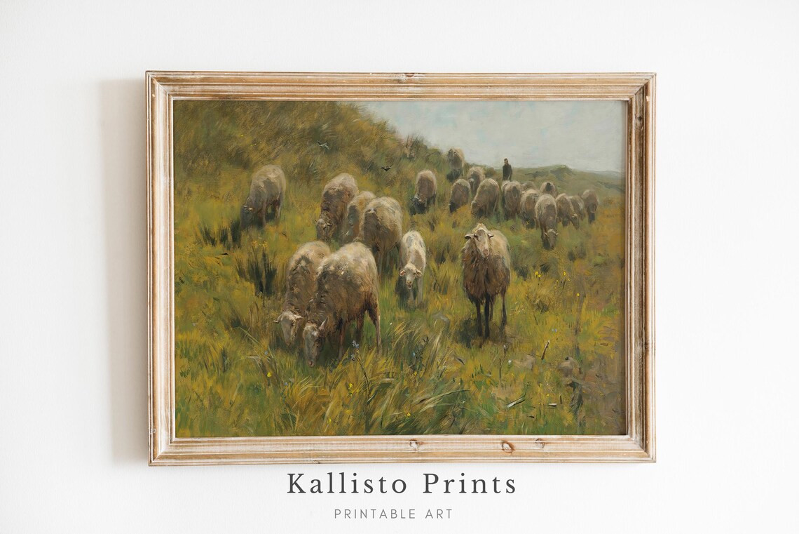 Sheep Flock Grazing Green Hillside Vintage Pastoral Painting Poster
