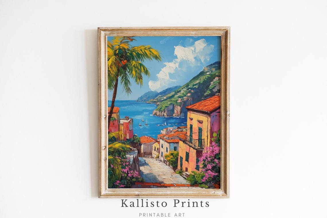 Palm Tree And Colorful Mediterranean Coastal Village Scene Poster