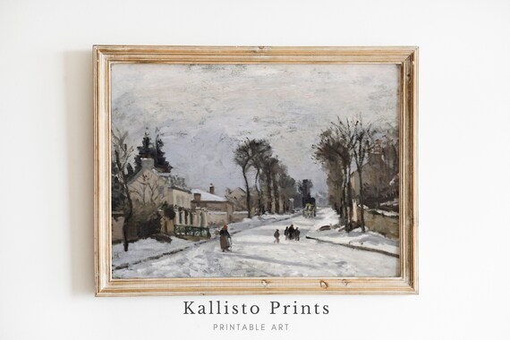 Snowy Village Street Scene With Strolling Figures Winter Poster