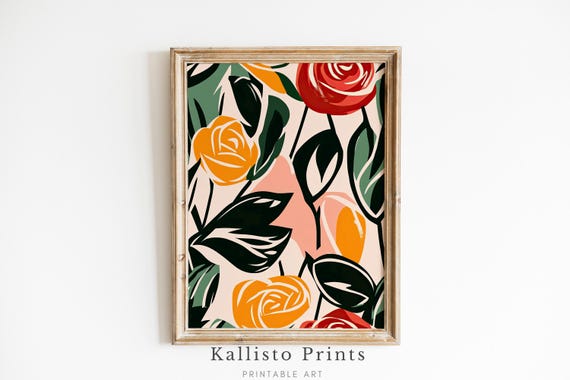 Bold Floral Wall Art Modern Rose Abstract Print Colorful Botanical Home Decor Statement Art867