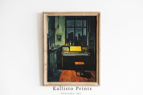 Moody Piano Art Print Dark Vintage Music Room Wall Evening Scene 420
