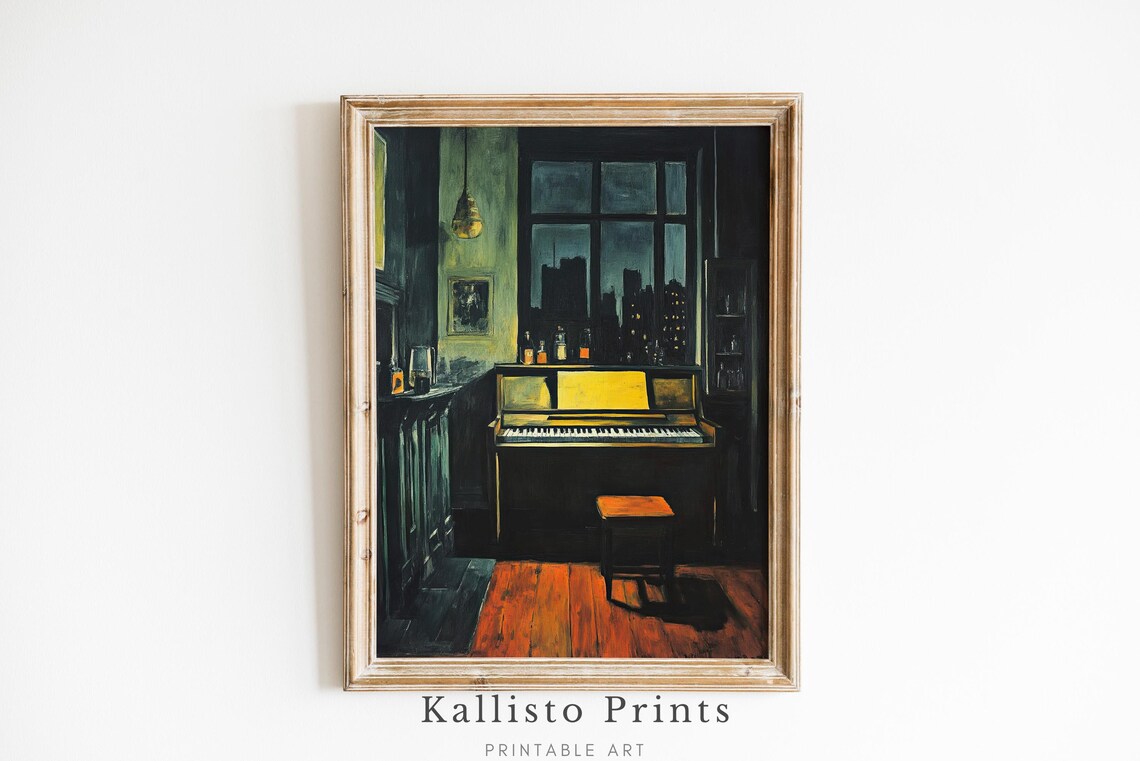 Moody Piano Room Night Scene Poster Dark Vintage Music Interior Art