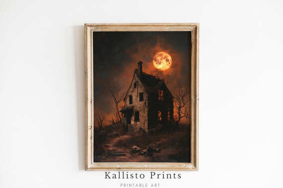 Haunted House Under Blood Red Moon Spooky Gothic Night Poster