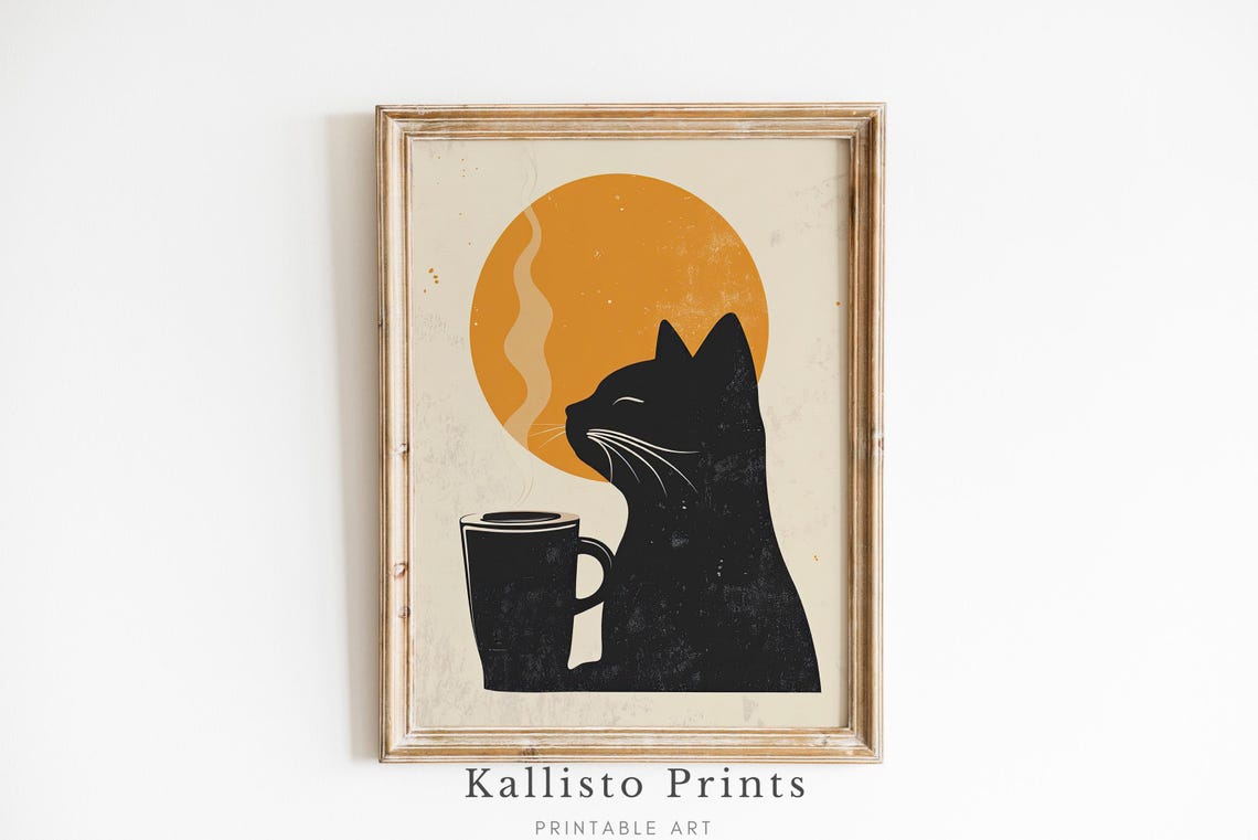 Black Cat Coffee Silhouette Poster Minimalist Orange Sun Morning Art