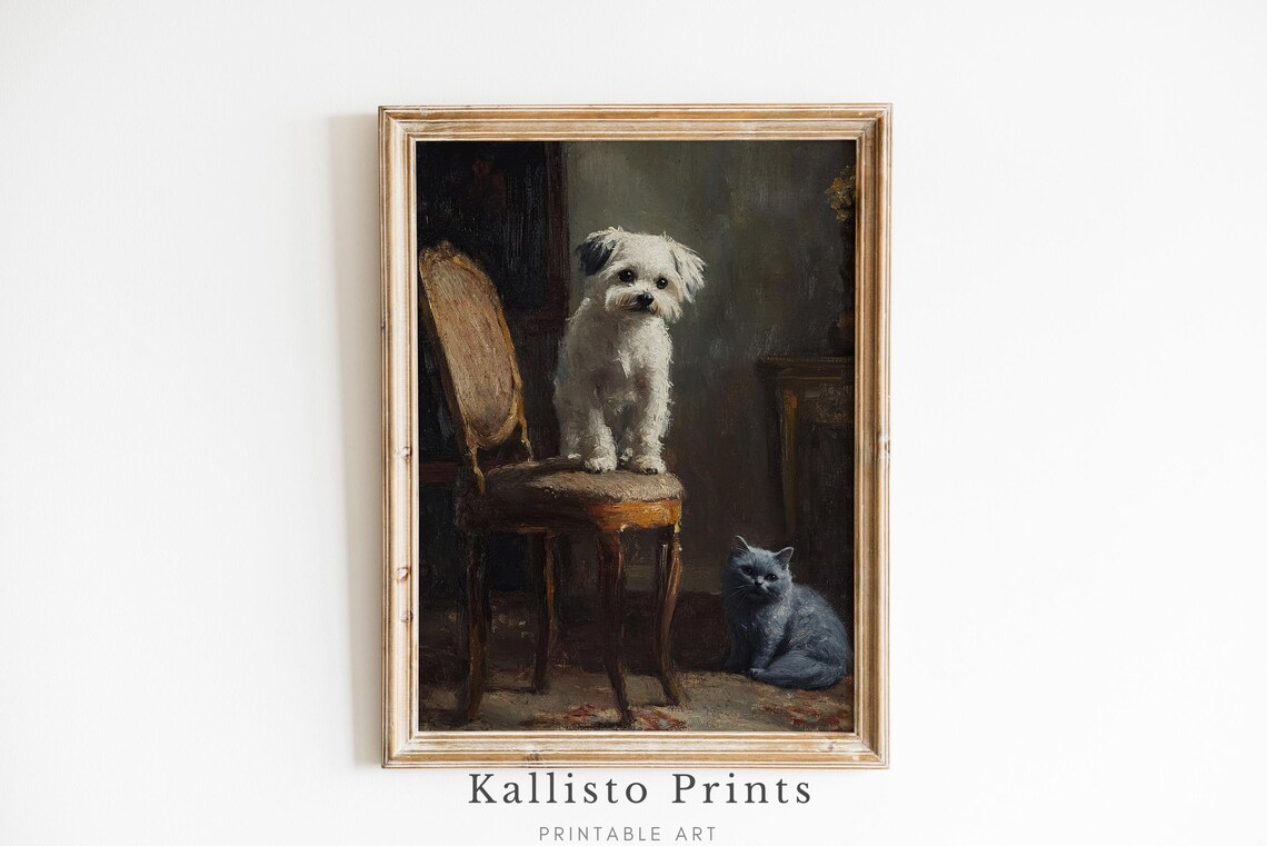 Vintage Dog On Chair With Grey Cat Classic Pet Portrait Wall Art