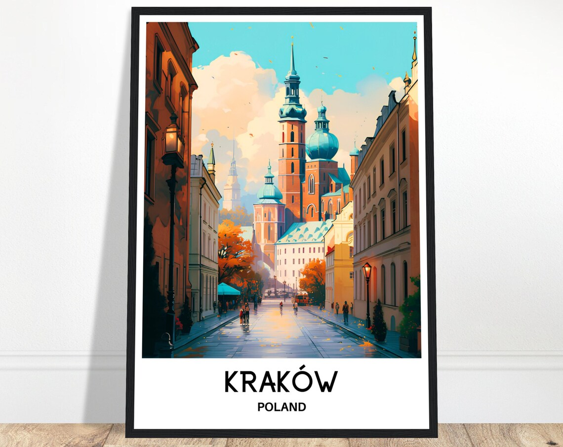 Krakow Poland Old Town Street Twin Church Towers Travel Poster
