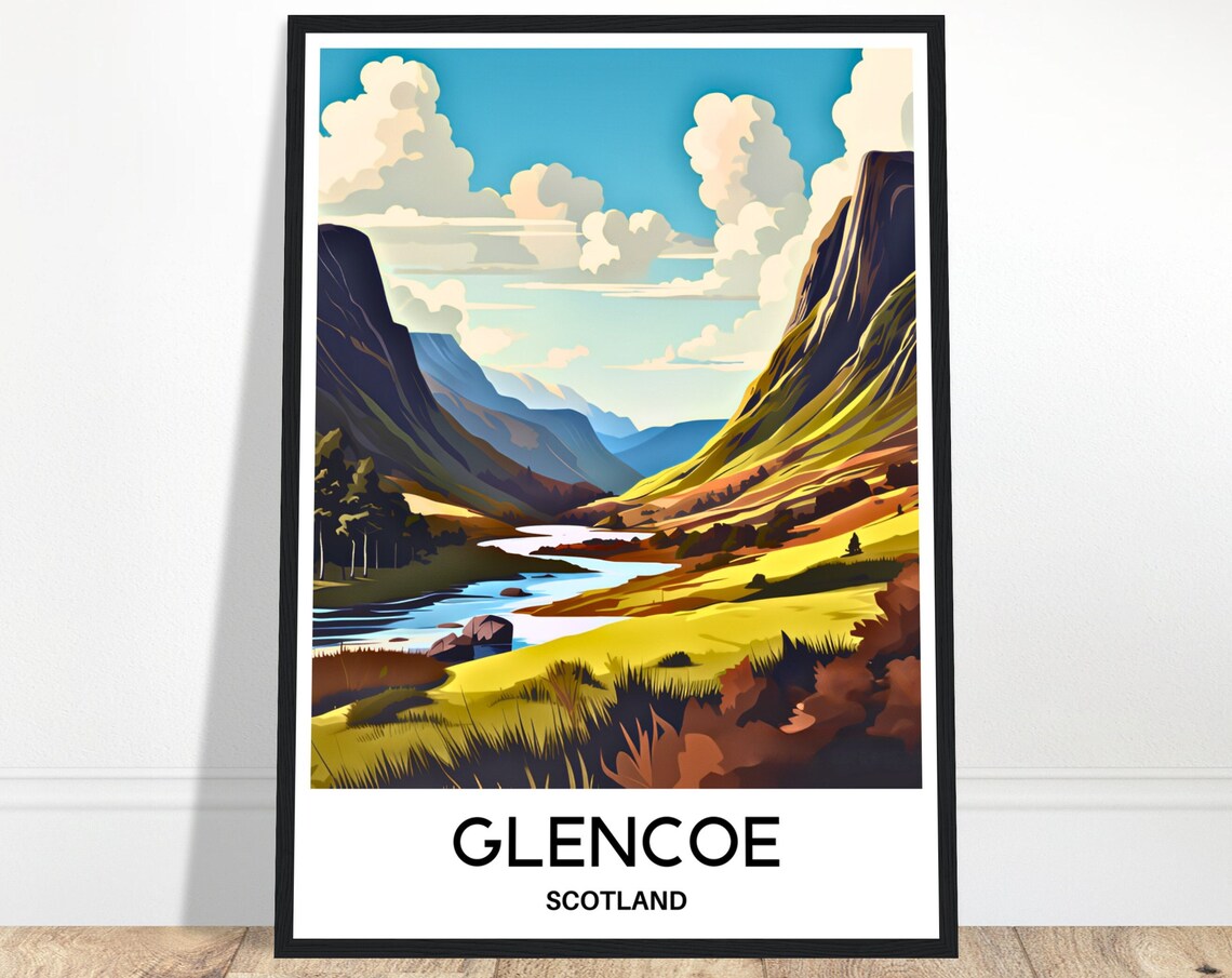 Glencoe Scotland Valley River Mountain Vintage Travel Poster