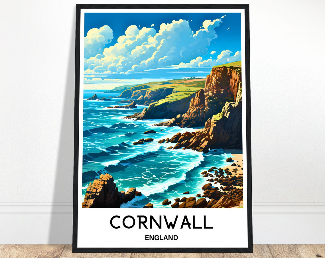 Cornwall England Dramatic Cliffs Turquoise Sea Coast Travel Poster