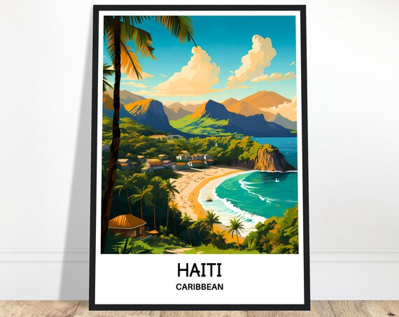Haiti Caribbean Beach Cove Palm Trees Sunset Bay Travel Poster