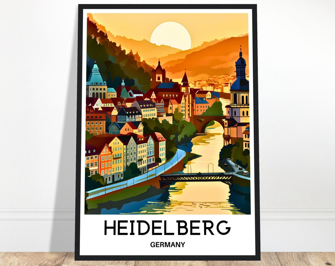 Heidelberg Germany Sunset River Bridges Old Town Glow Travel Poster