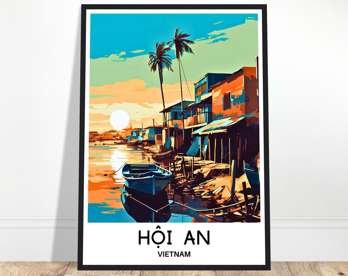 Hoi An Waterfront Sunset Fishing Boats Vietnam Travel Poster