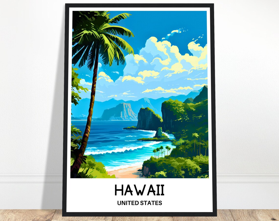 Hawaii Sea Cliffs Palm Cove Turquoise Ocean View Travel Poster