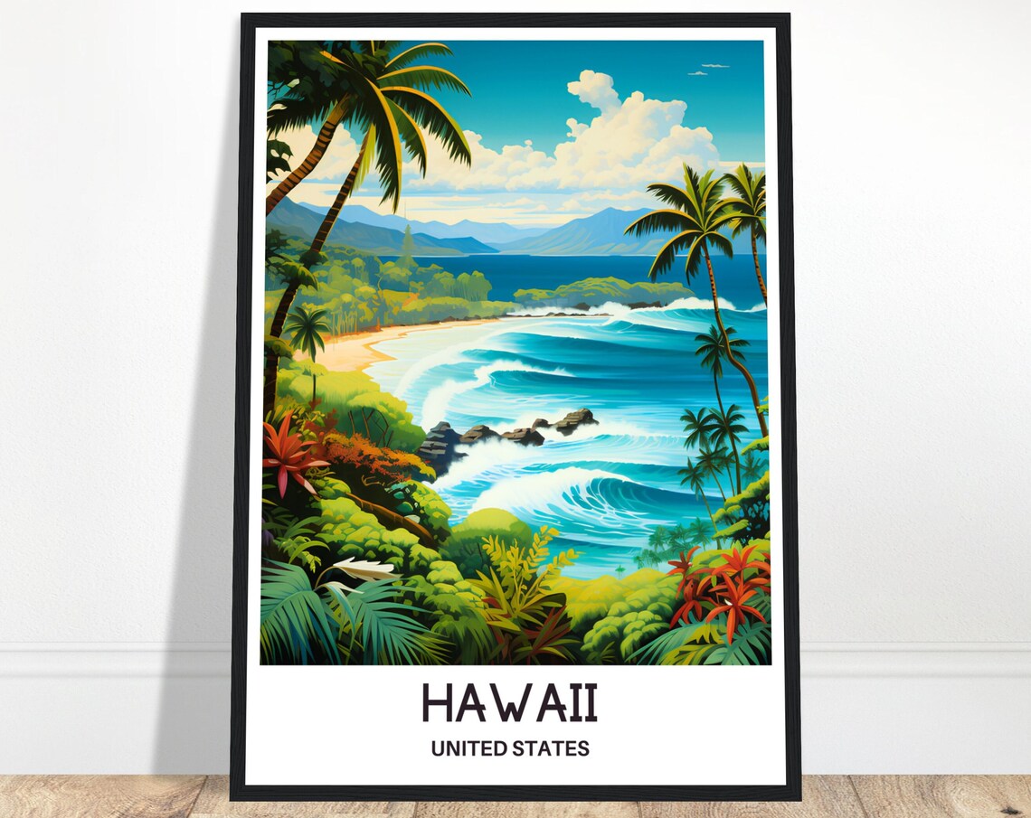 Hawaii Surf Beach Palm Trees Curling Ocean Waves Travel Poster