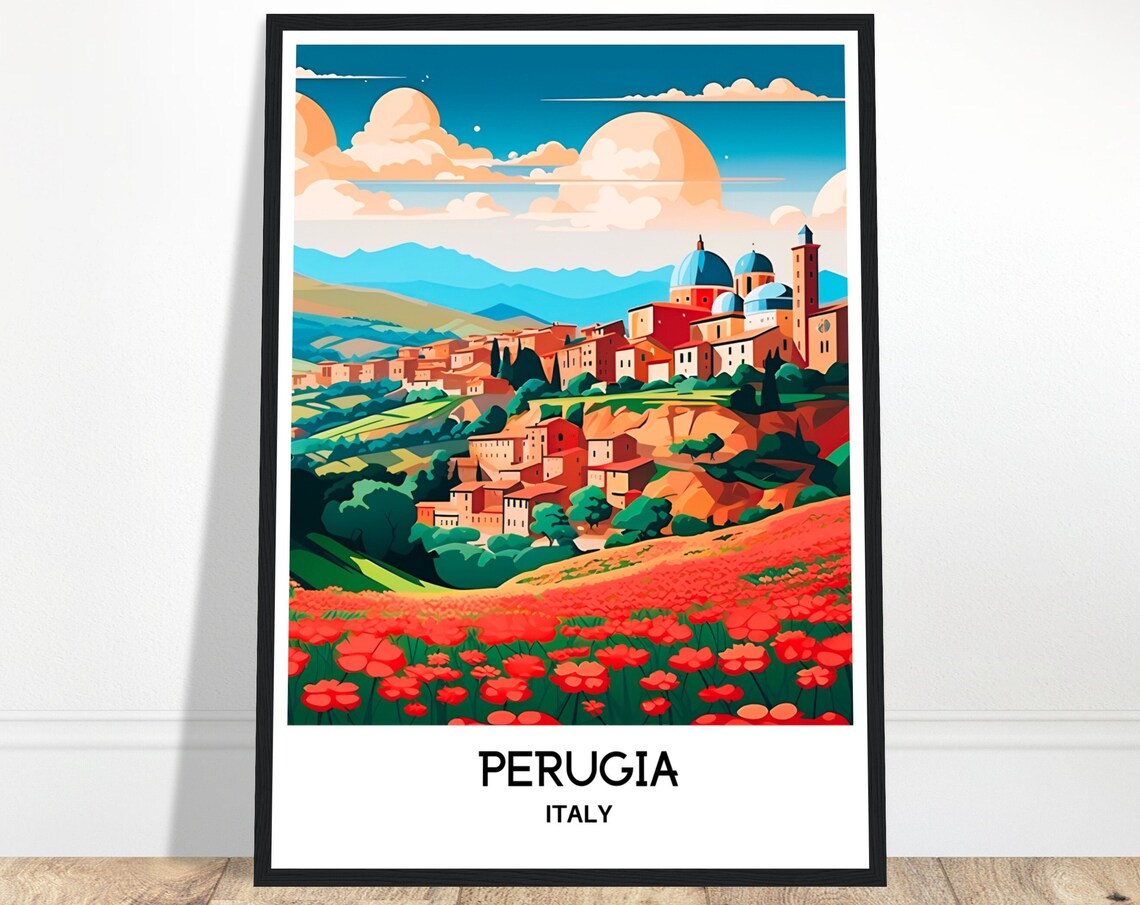 Perugia Hilltop Town Red Poppies Umbrian Italy Travel Poster