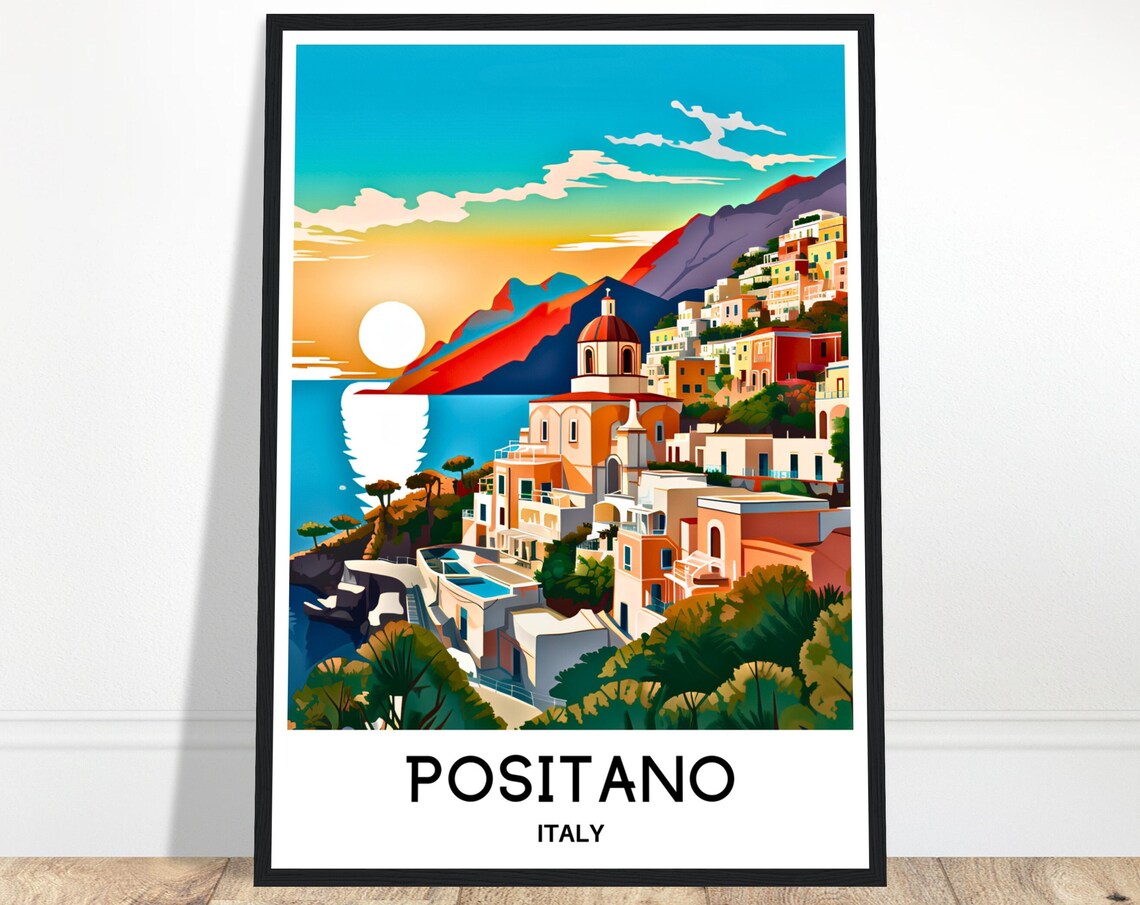 Positano Italy Cliffside Town Glowing at Sunset Travel Poster