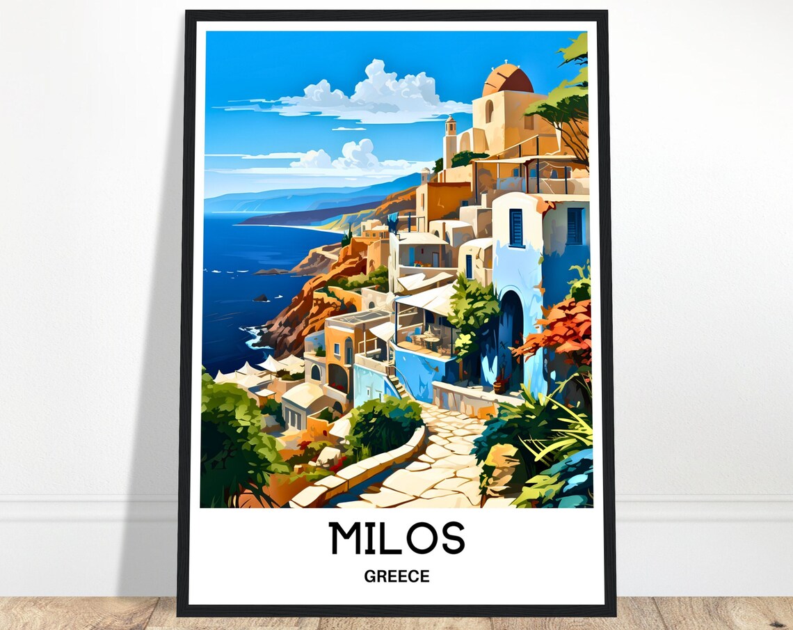 Milos Greece Cliffside Village Whitewashed Houses Travel Art Poster