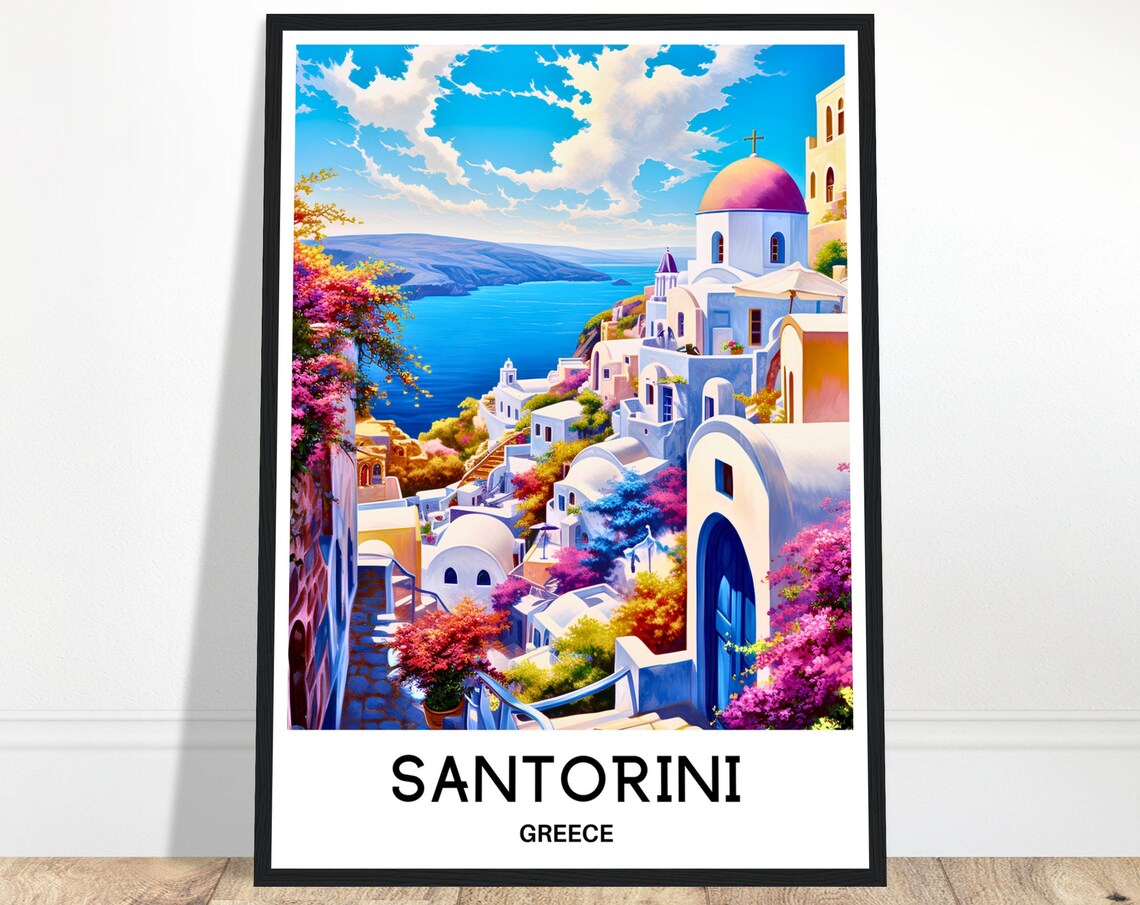 Santorini Greece Whitewashed Village Blue Domes Travel Poster