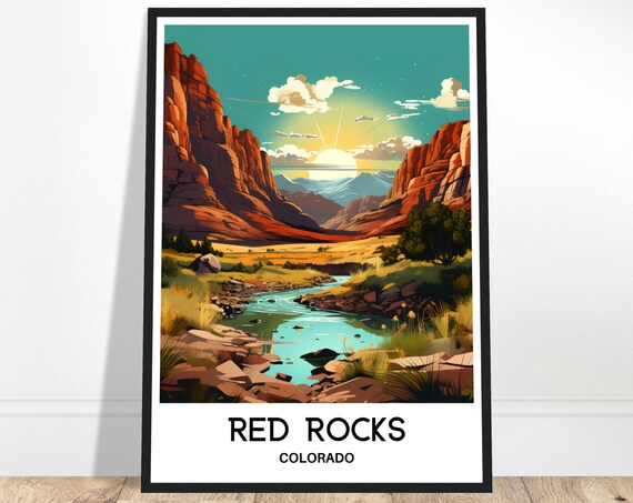 Red Rocks Travel Print Poster Art America Lover Gift Wall Hanging Home Office Desk Decor Colorado Illustration