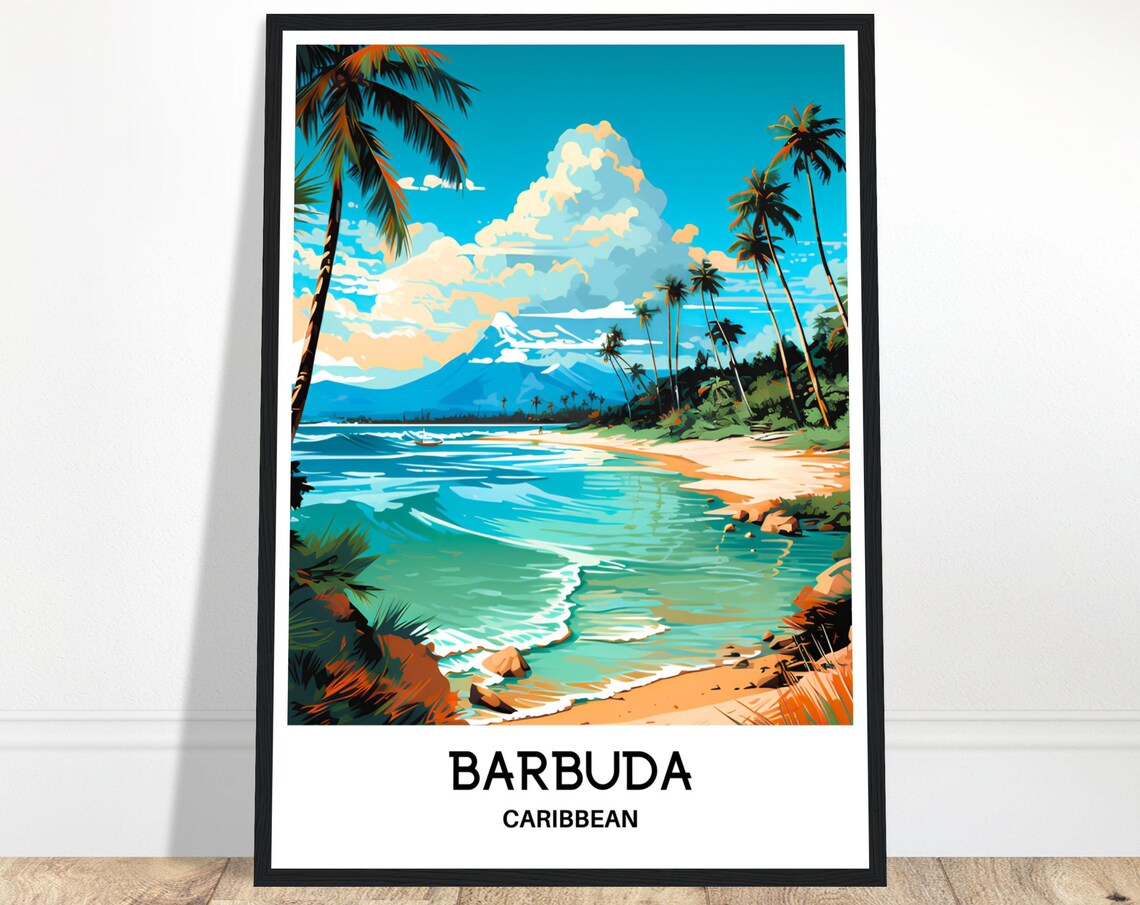 Barbuda Caribbean Palm Beach Volcano Tropical Island Travel Poster