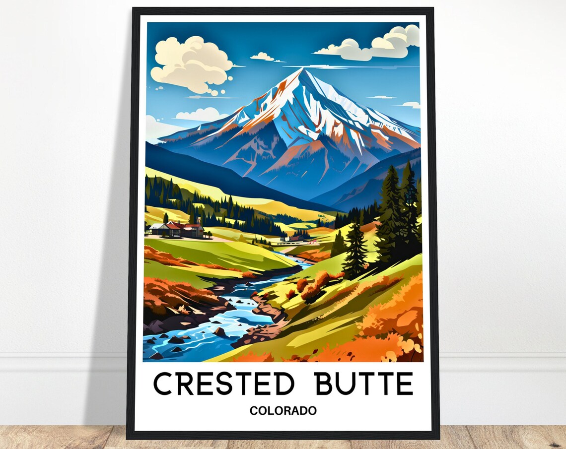 Crested Butte Colorado Mountain Peak With Alpine River Travel Poster
