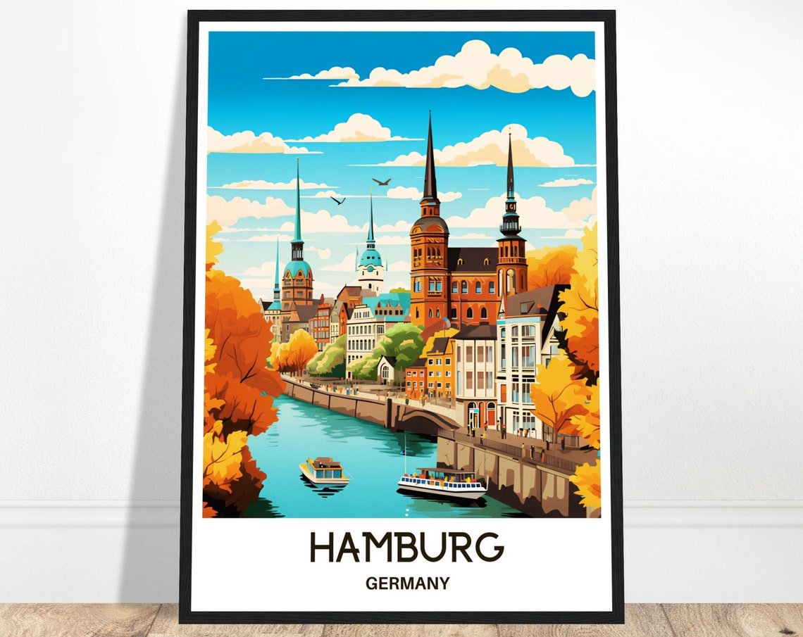 Hamburg Germany Riverfront Churches Autumn View Travel Poster