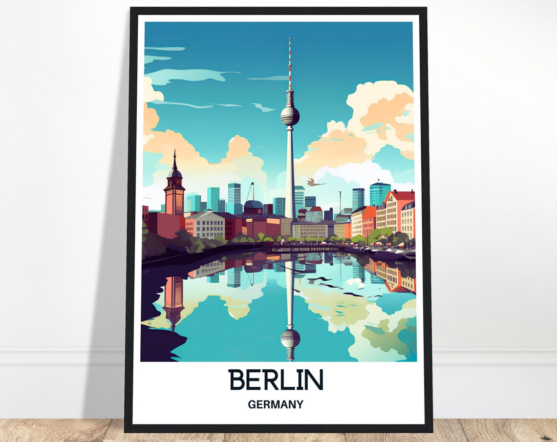 Berlin Germany TV Tower Reflection River Skyline Scene Travel Poster