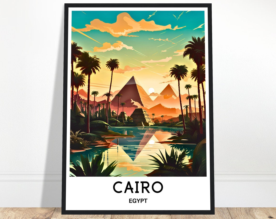 Cairo Egypt Pyramids With Palm Trees At Sunset Travel Poster