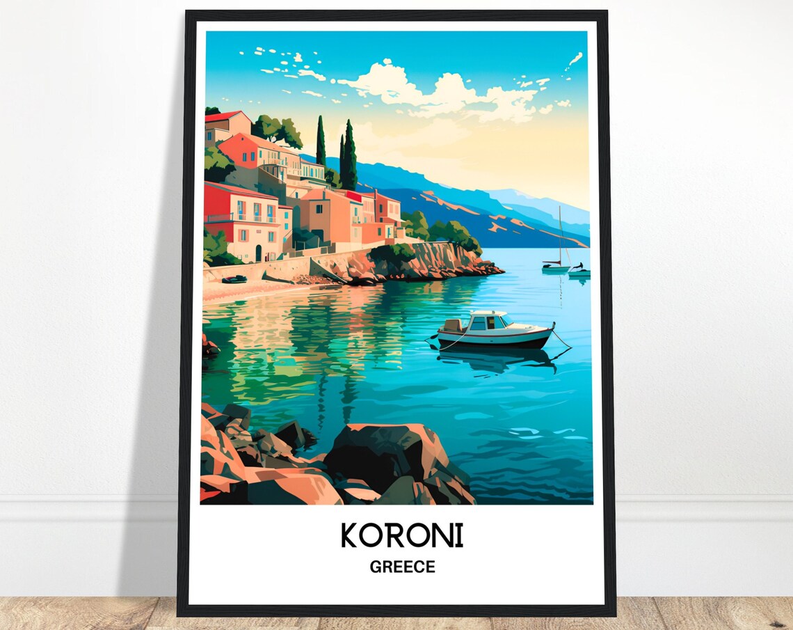 Koroni Greece Seaside Village Turquoise Bay Boats Travel Poster