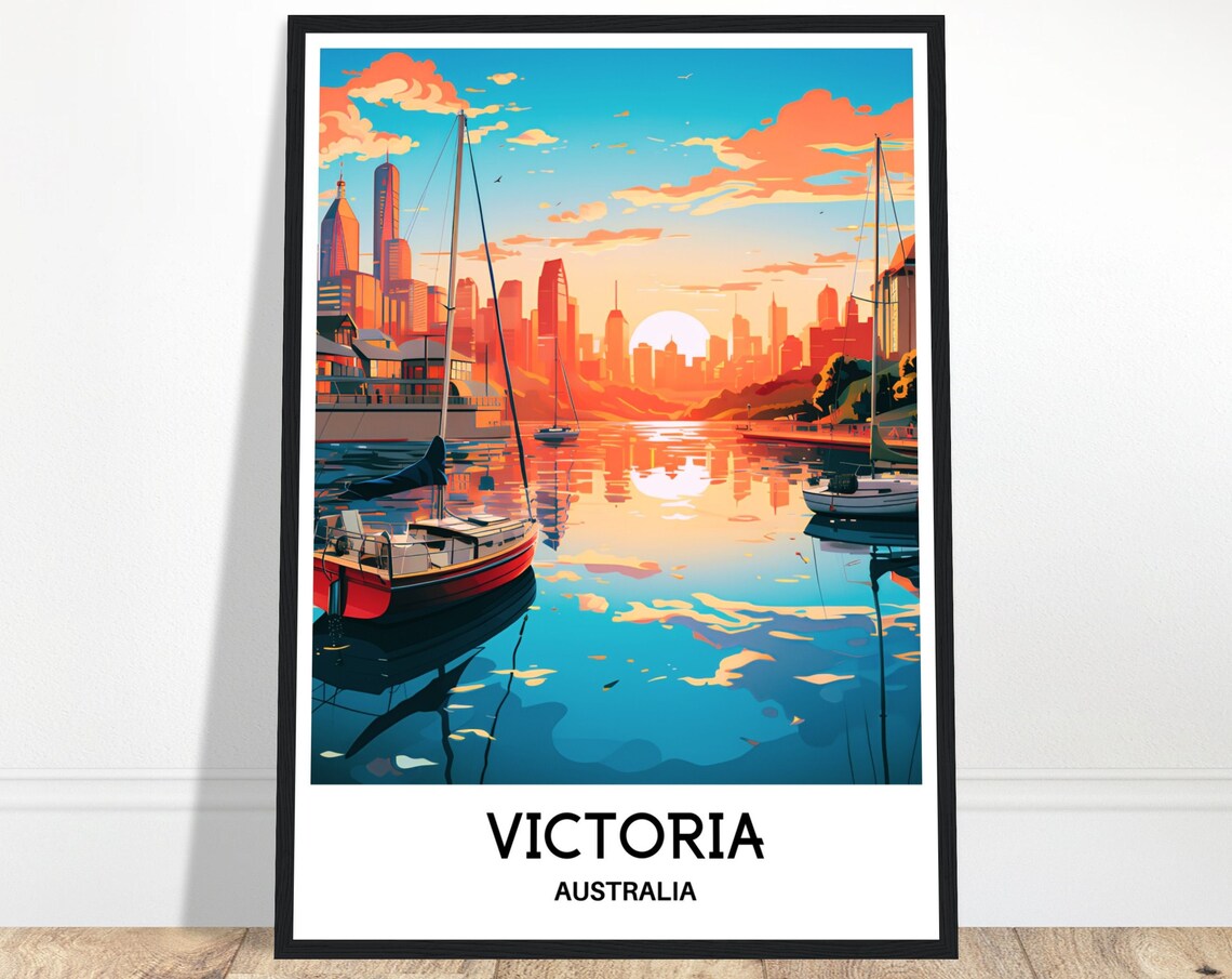 Victoria Australia Sunset Harbor Skyline Vintage Travel Poster