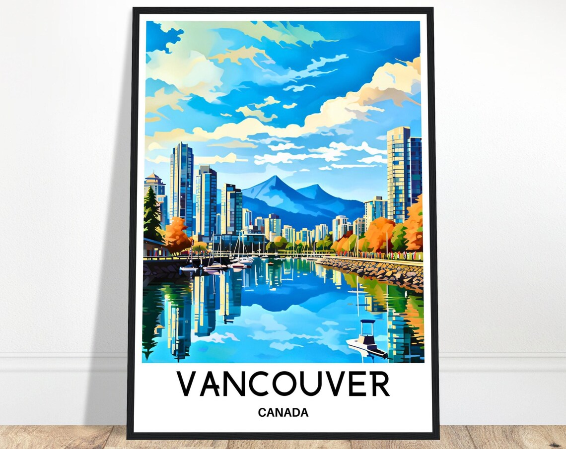 Vancouver Canada Downtown Harbor Autumn Day Skyline Travel Art Poster