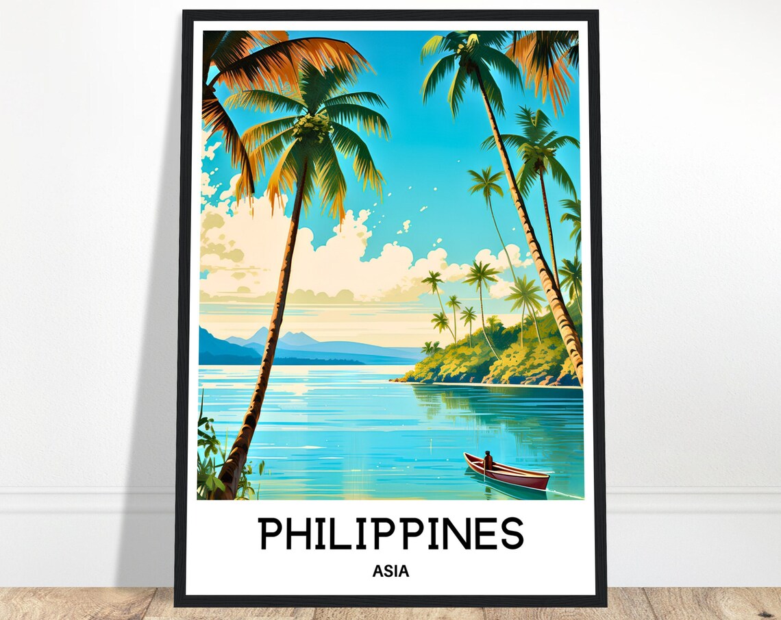 Philippines Palm Lagoon Red Canoe Turquoise Water Travel Poster
