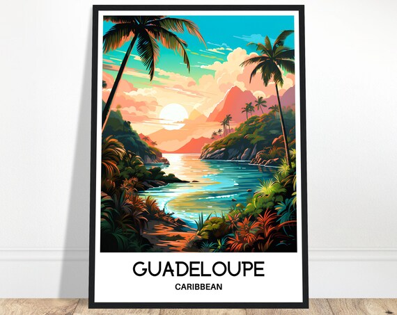 Guadeloupe Caribbean Island Sunset Beach Palm Trees Travel Poster