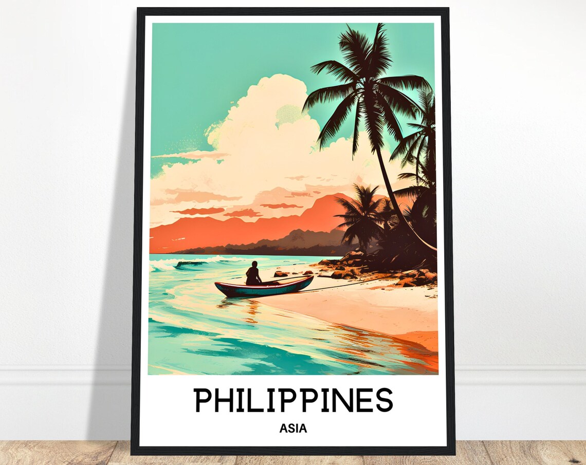 Philippines Warm Sunset Beach Orange Mountains Travel Poster