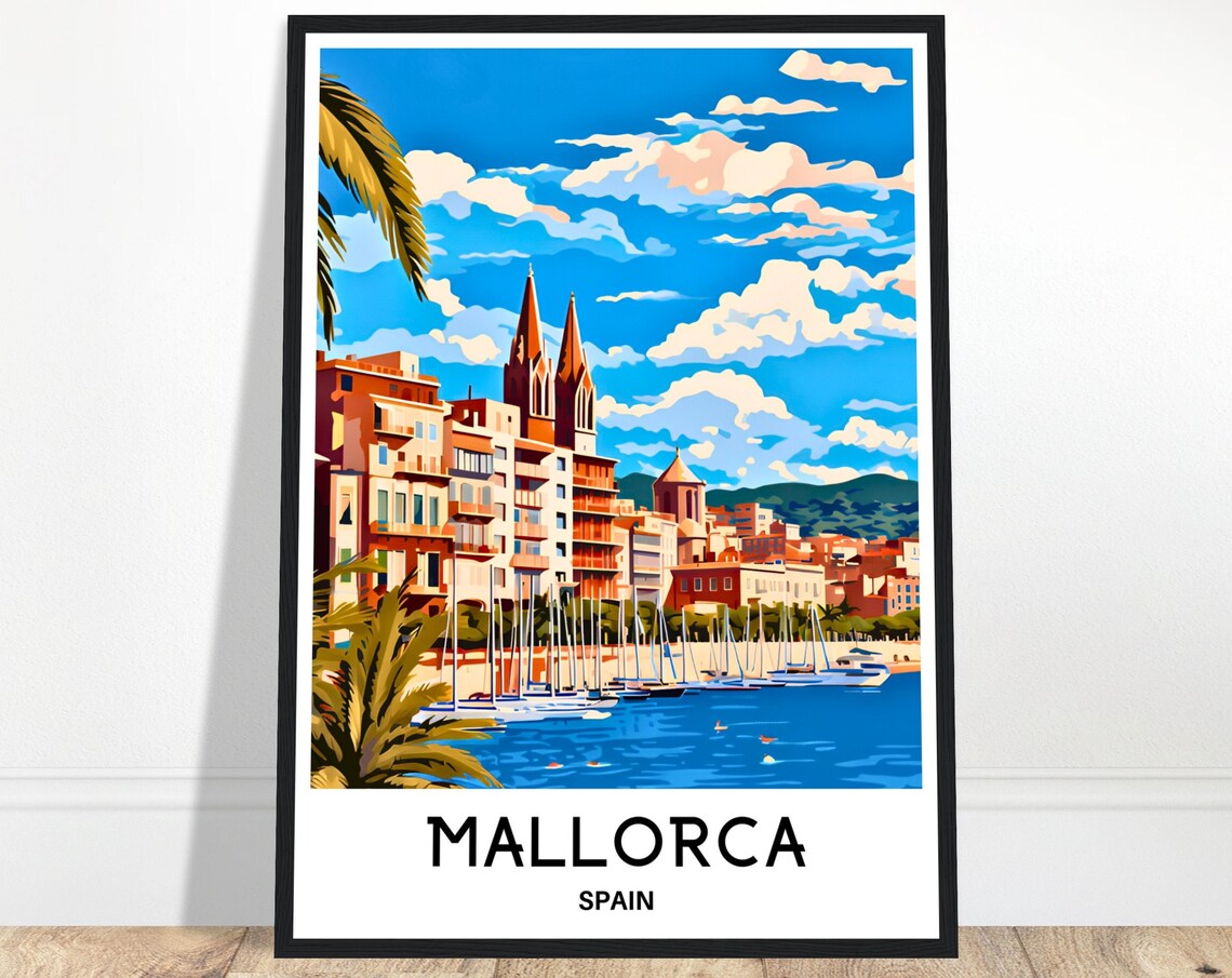 Palma de Mallorca Cathedral Spires and Sailboats Travel Poster
