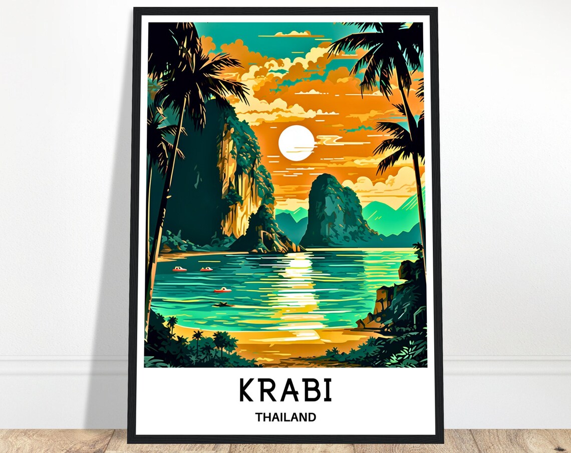 Krabi Thailand Limestone Karsts Sunset Beach Palms Travel Poster