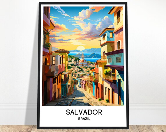 Salvador Brazil Colorful Colonial Street Sunset Travel Poster