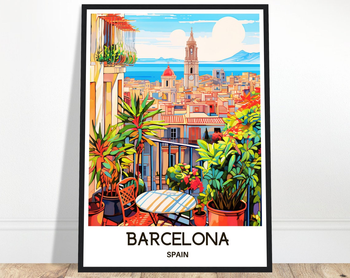 Barcelona Spain Old Town Balcony Overlooking Sea View Travel Poster