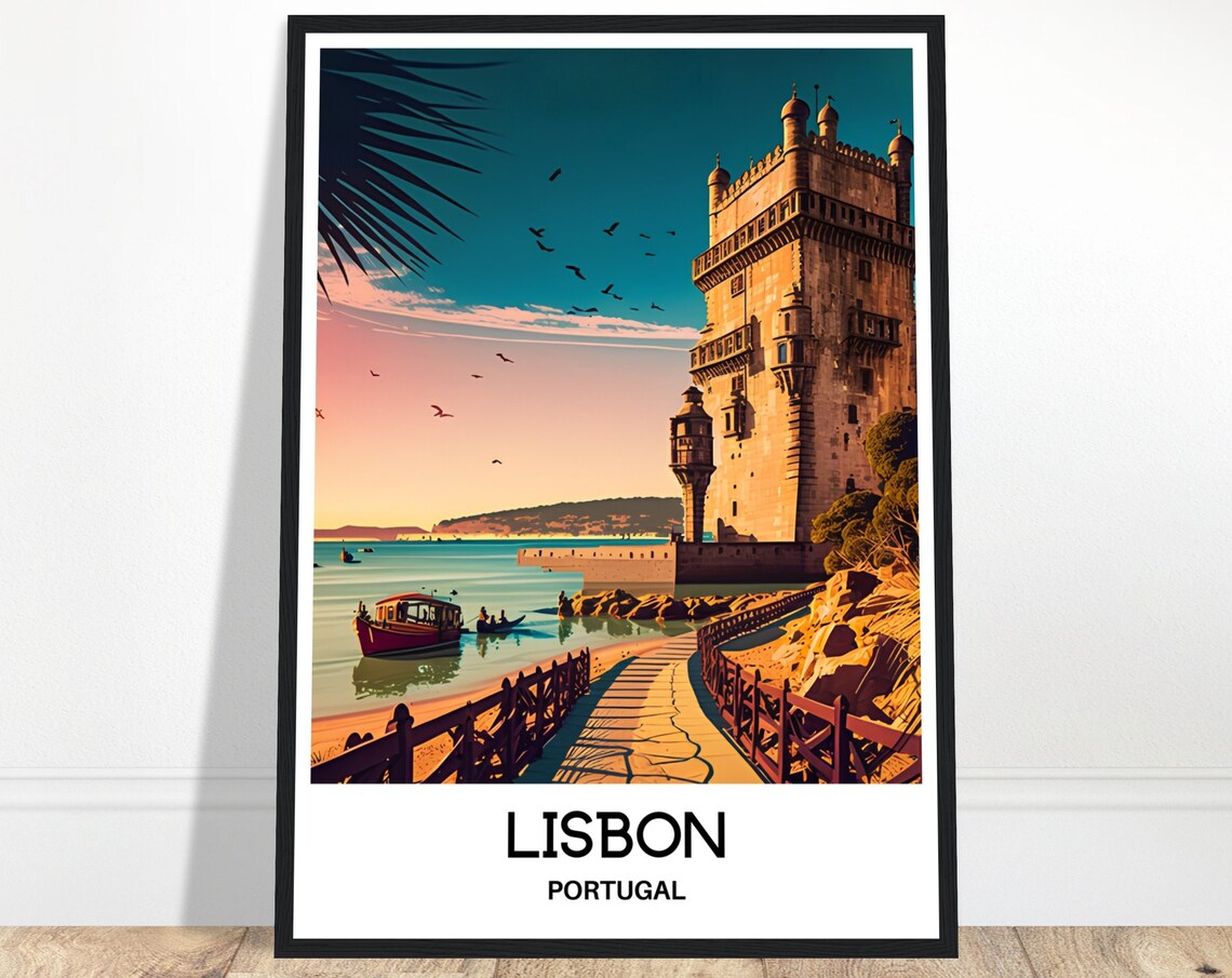 Lisbon Portugal Belem Tower Sunset Over Tagus River Travel Poster