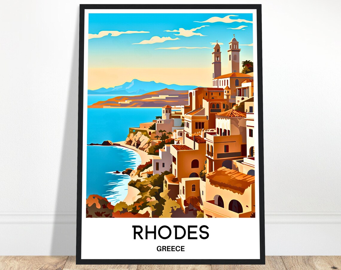 Rhodes Greece Seaside Old Town Golden Sunset Coast Travel Poster