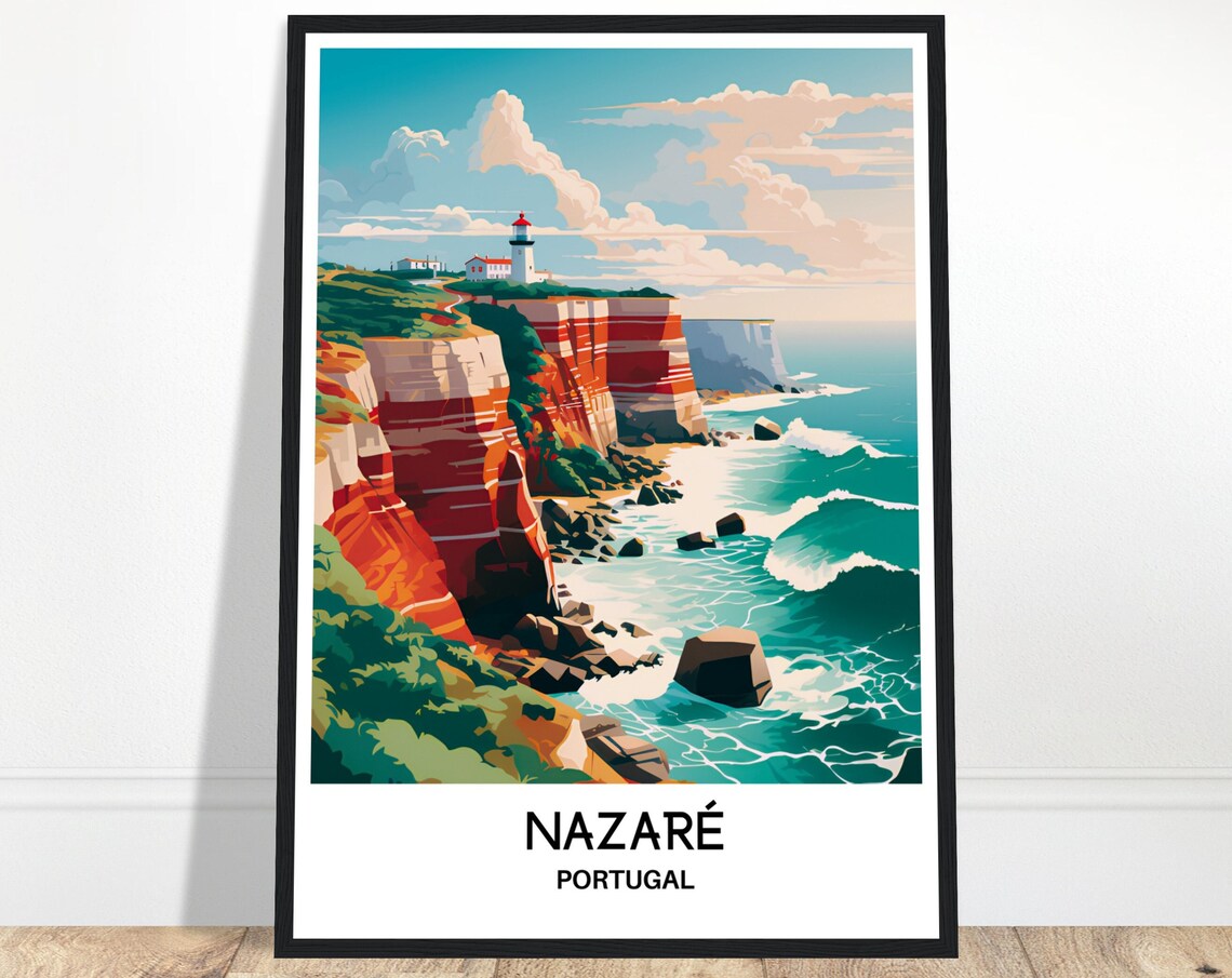 Nazaré Portugal Lighthouse Cliffs and Ocean Waves Travel Poster