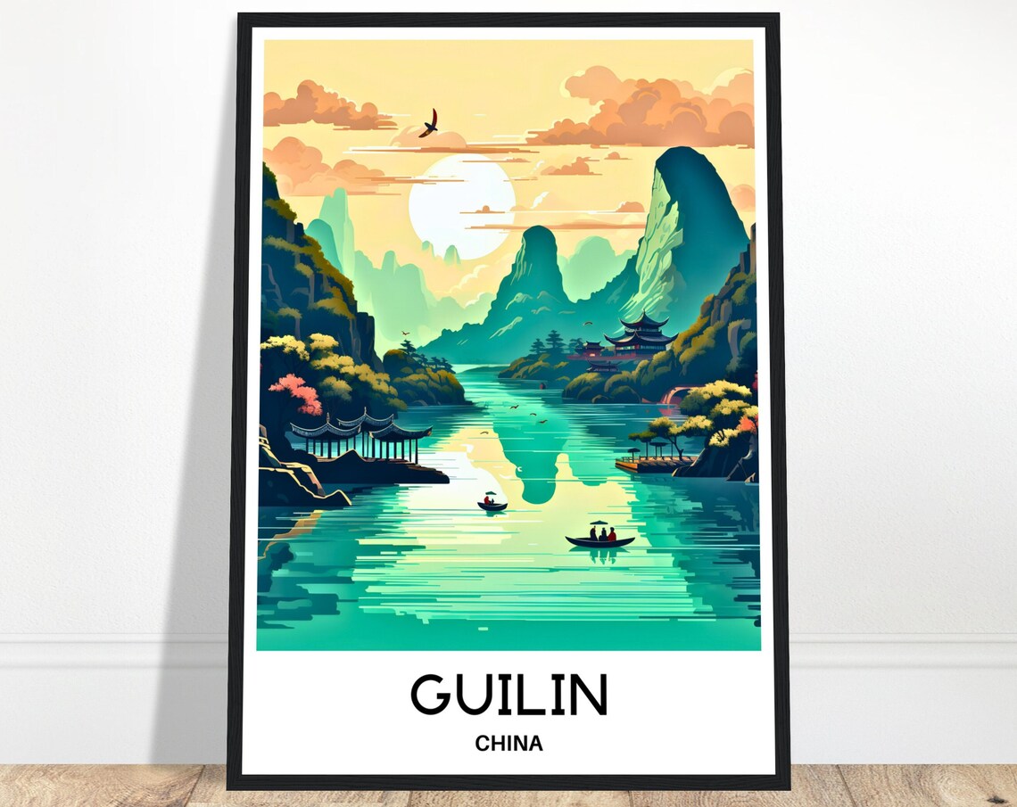 Guilin China Karst Mountains River Pagoda Pavilion Sunset Poster