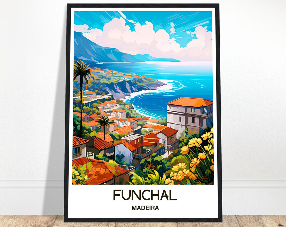 Funchal Madeira Island Travel Poster of the Hillside Bay and Coastline