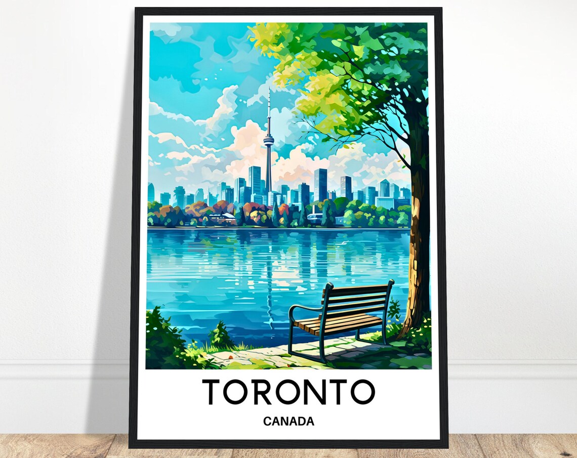 Toronto Canada CN Tower Lakefront Park Bench View Travel Poster