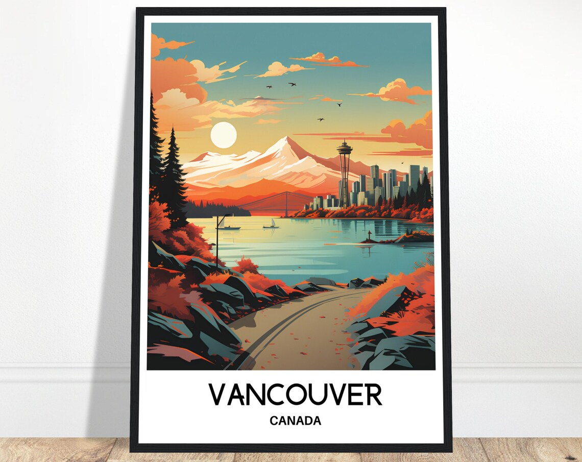Beautiful Vancouver Sunset Harbor Skyline Canada Travel Poster
