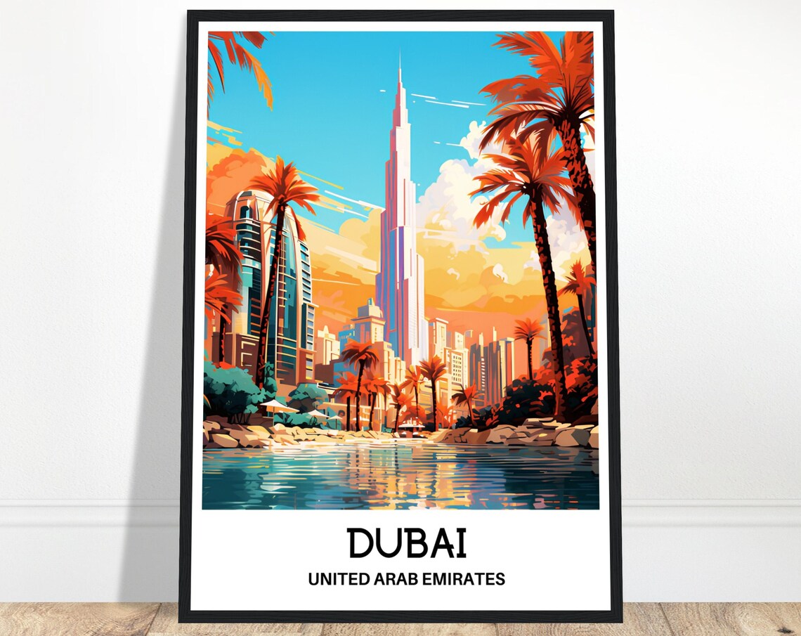 Dubai United Arab Emirates Skyline Burj Khalifa Sunset Travel Poster