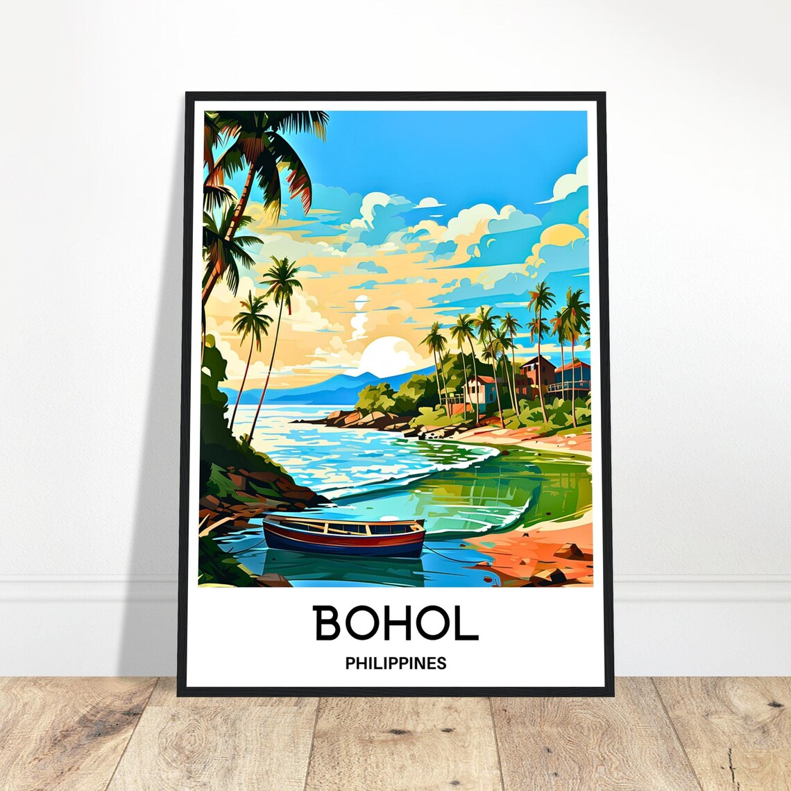 Bohol Philippines Sunset Beach Travel Poster with Palm Trees